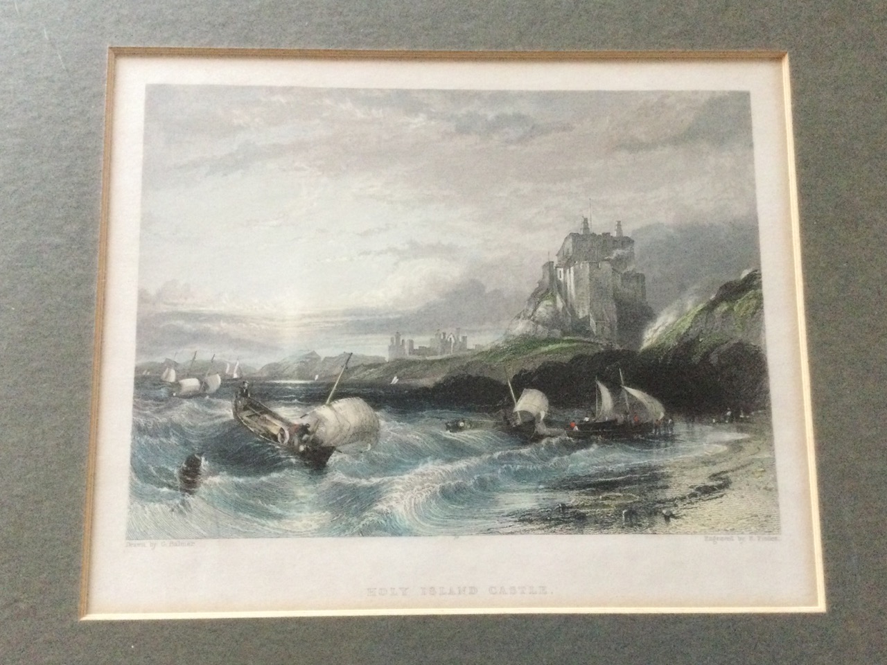 A pair of mounted and gilt framed nineteenth century handcoloured steel engravings of Dunstanburgh - Image 2 of 3