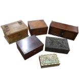 Miscellaneous wood boxes - a walnut writing slope, Victorian leaf carved, a panelled cupboard,