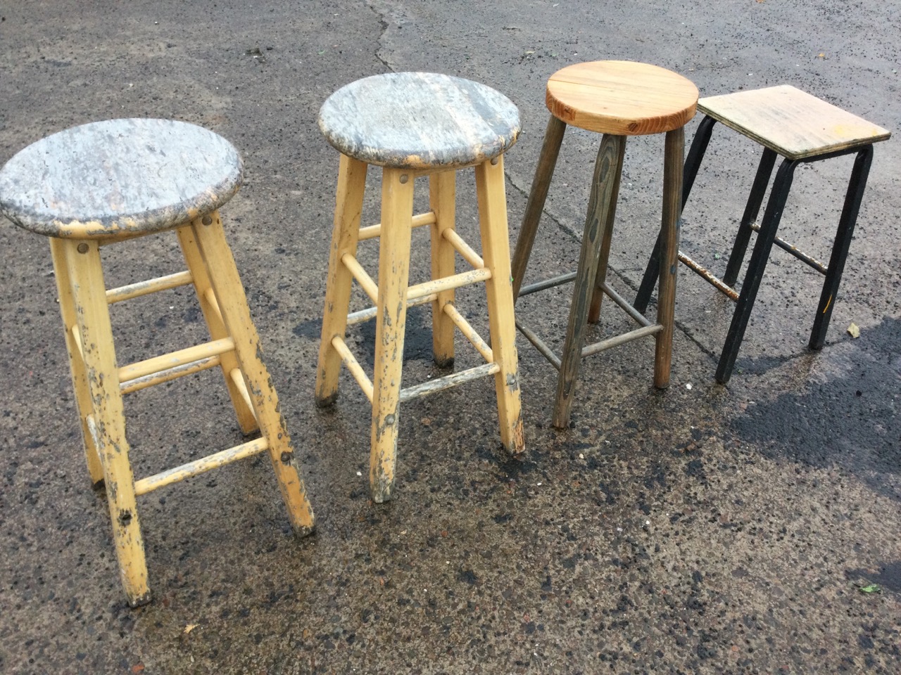 A pair of wood barstools, the circular tops supported on rounded square legs and stretchers; a - Image 2 of 3