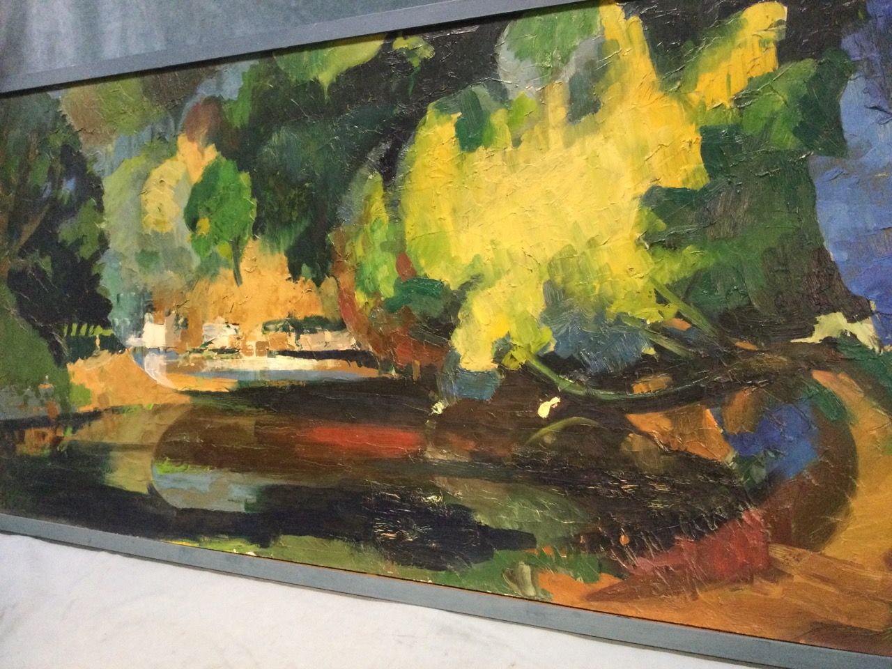 C20th oil on board, river landscape, painted in thick impasto, unsigned, framed. (47.75in x 23.5in) - Image 2 of 3