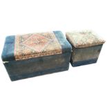 A graduated pair of Victorian pine ottoman boxes, with carpet upholstery and cushion seats with