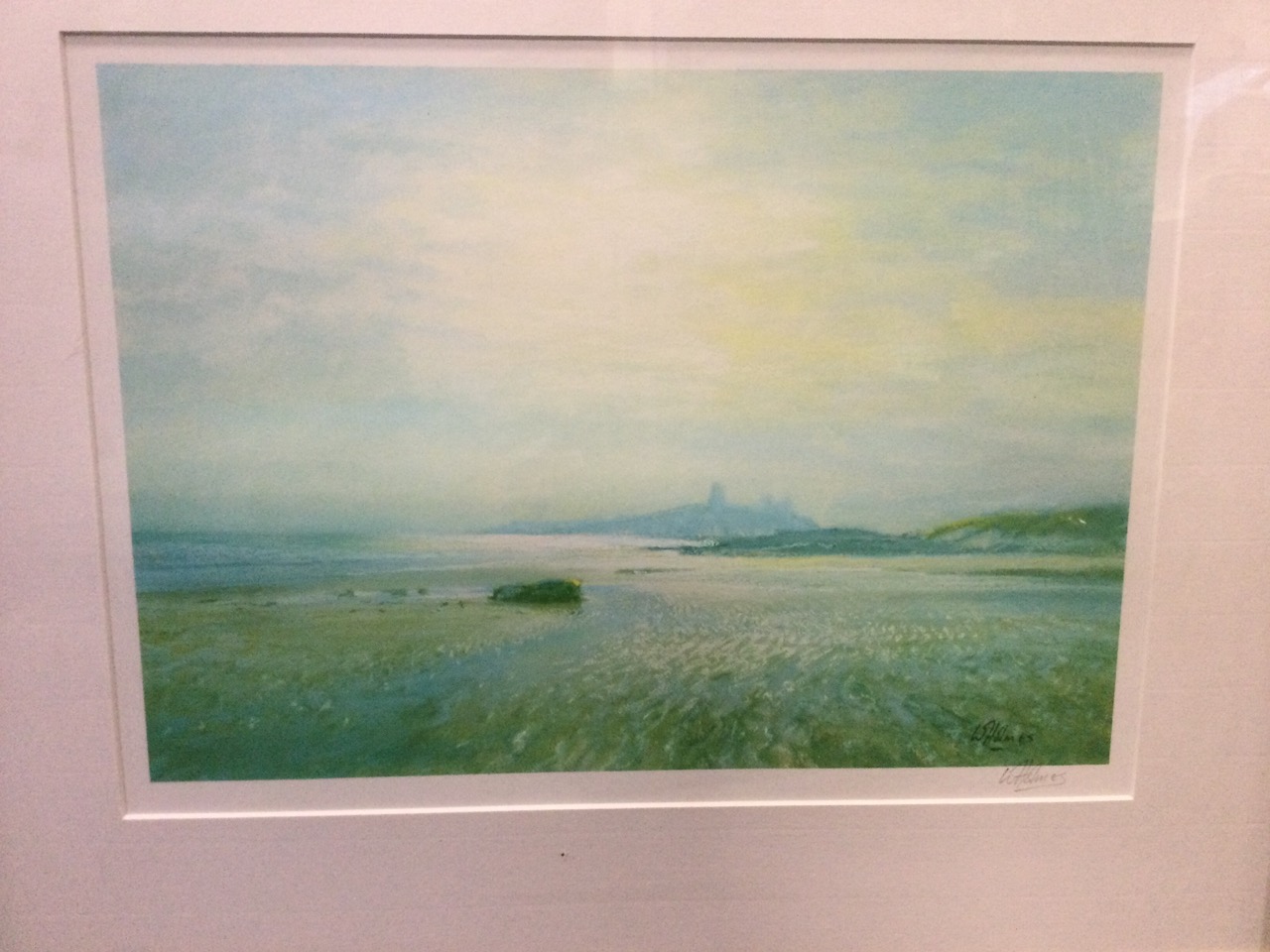 A signed, mounted, framed Walter Holmes print of Dunstanburgh Castle from Low Newton; another gilt - Image 2 of 3