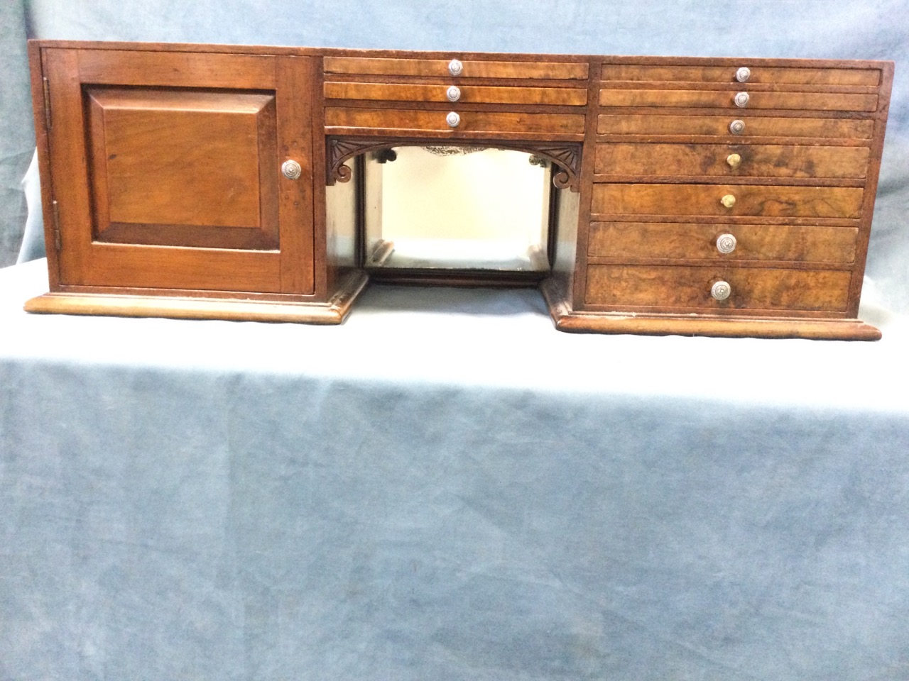 A late Victorian table-top walnut collectors cabinet, with central mirror-back having scroll - Image 2 of 3