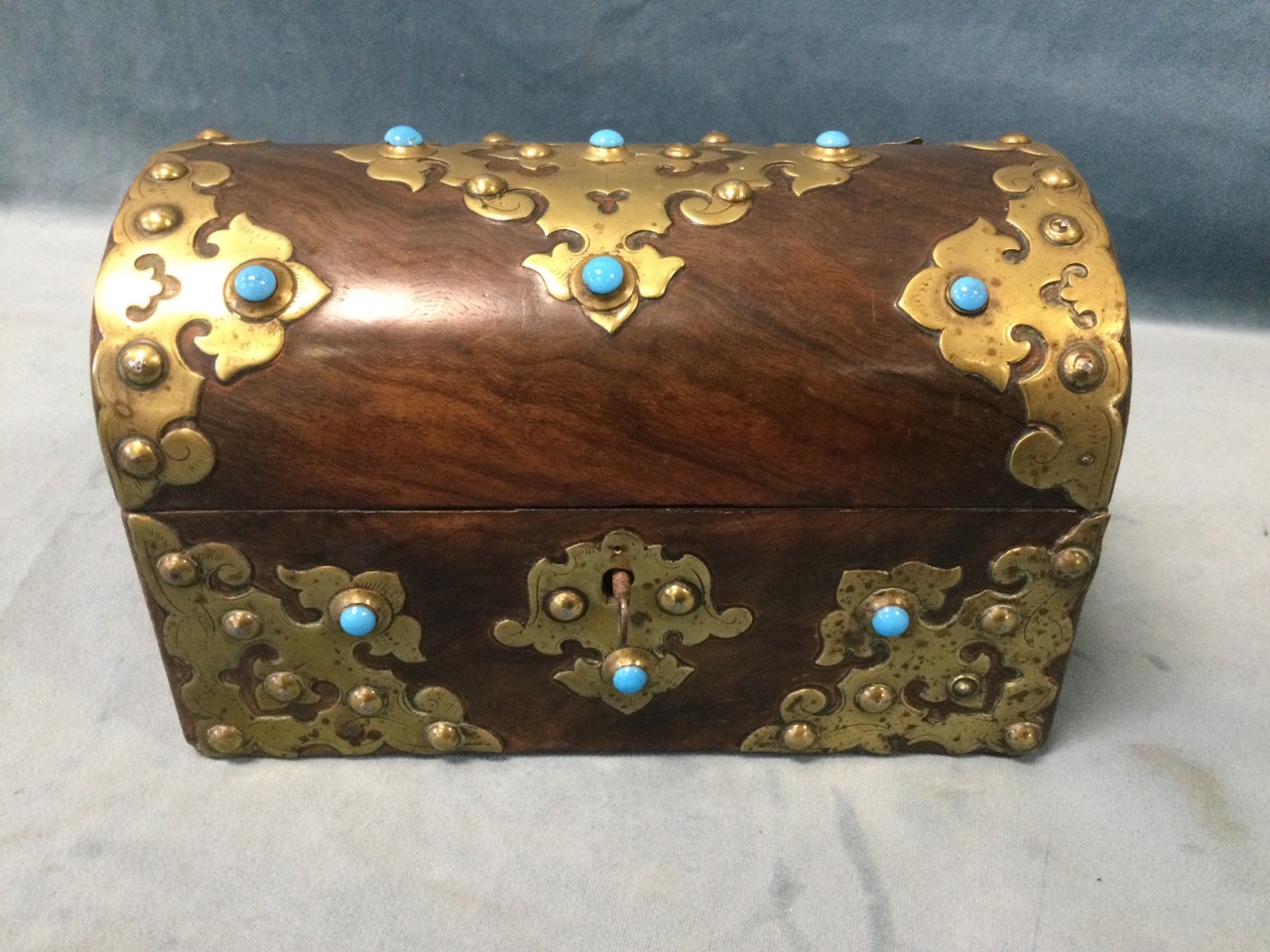 A Victorian walnut tea caddy with pierced celtic style brass mounts set with turquoise cabochon - Image 3 of 3
