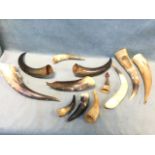 Twelve miscellaneous horns - some pierced for wall-hanging, carved, European, blowing horns, etc. (