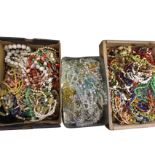 Three boxes of bead necklaces - glass, bone, lapis, amber style, stone, crystal, marble, etc. (A