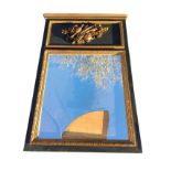 A reproduction regency style wall mirror with gilt frames and cornice on ebonised ground, the top