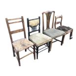 Four miscellaneous old chairs - 30s oak rush seated, Victorian ebonised with ring turnings,