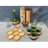 Miscellaneous glass including an olive decanter set, two rice storage jars, a set of pressed
