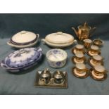 Miscellaneous ceramics including a gilt German six-piece coffee set, Victorian tureens & covers, a