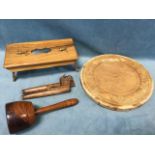 Four pieces of treen - a lignum vitae Victorian mallet, an Italian olivewood folding stool with