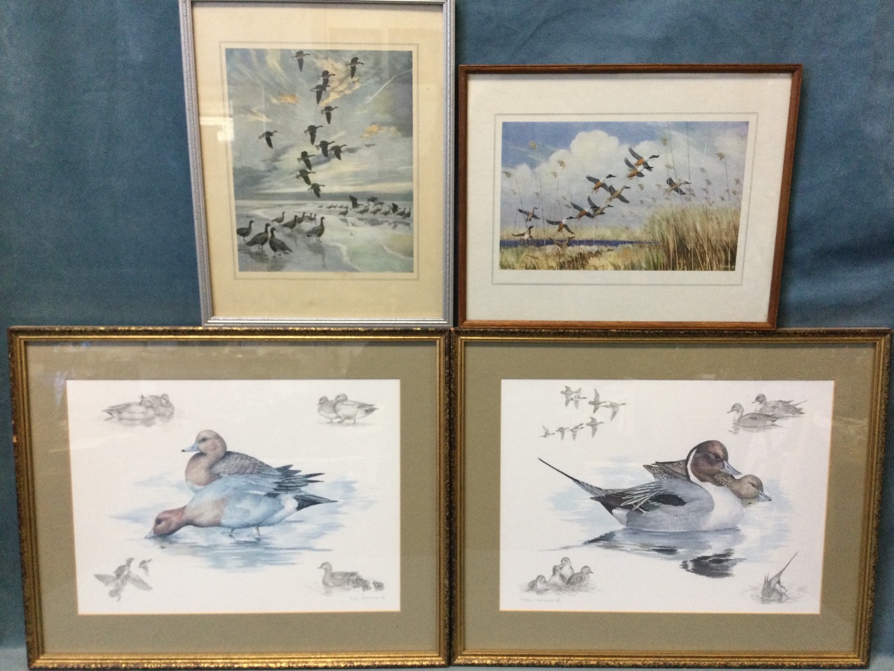 Two framed Peter Scott prints - Taking to Wing and Pinkfoot Coming Home to Roost; and a pair of
