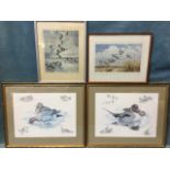 Two framed Peter Scott prints - Taking to Wing and Pinkfoot Coming Home to Roost; and a pair of