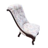 A Victorian rosewood chair with later button upholstery, the scroll carved back above a sprung seat,