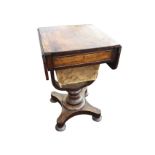 A George IV rosewood sewing table, the rectangular top with two rounded drop leaves above a
