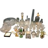 Miscellaneous glass including a soda siphon, scent bottles & stoppers, paperweights, wine glasses,