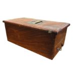 A mahogany cased shop till, the hinged lid with roll aperture above a divisioned cash drawer ringing
