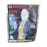 A handpainted hanging pub sign, Hawkley Inn, both sides with waist portraits of a gentleman, the