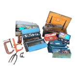 Various tools in boxes including sockets sets, a Sorby block plane, drills, spanners, wrenches,