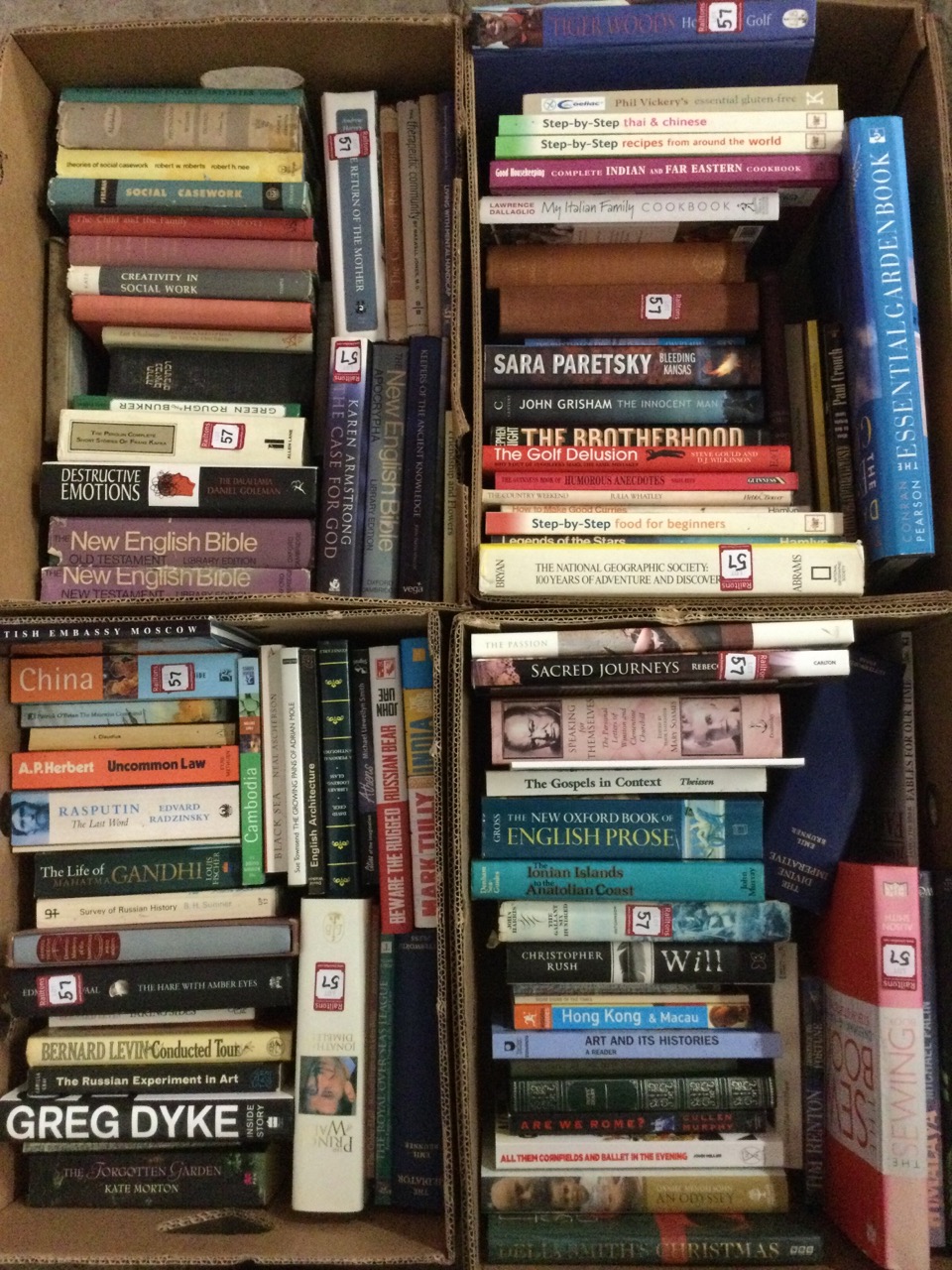 Four boxes of miscellaneous books - travel, religion, cooking, gardening, novels, biographies,