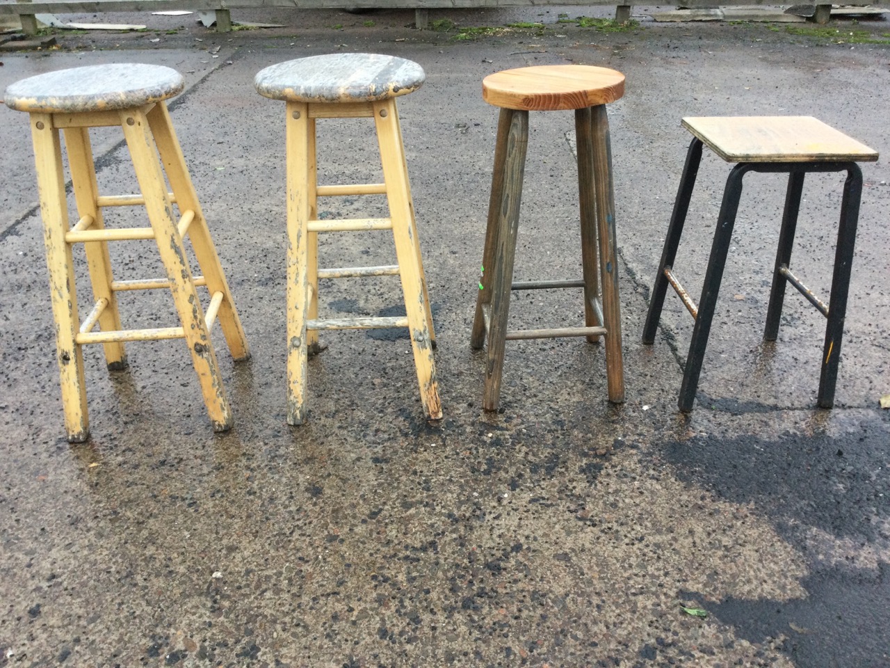 A pair of wood barstools, the circular tops supported on rounded square legs and stretchers; a - Image 3 of 3
