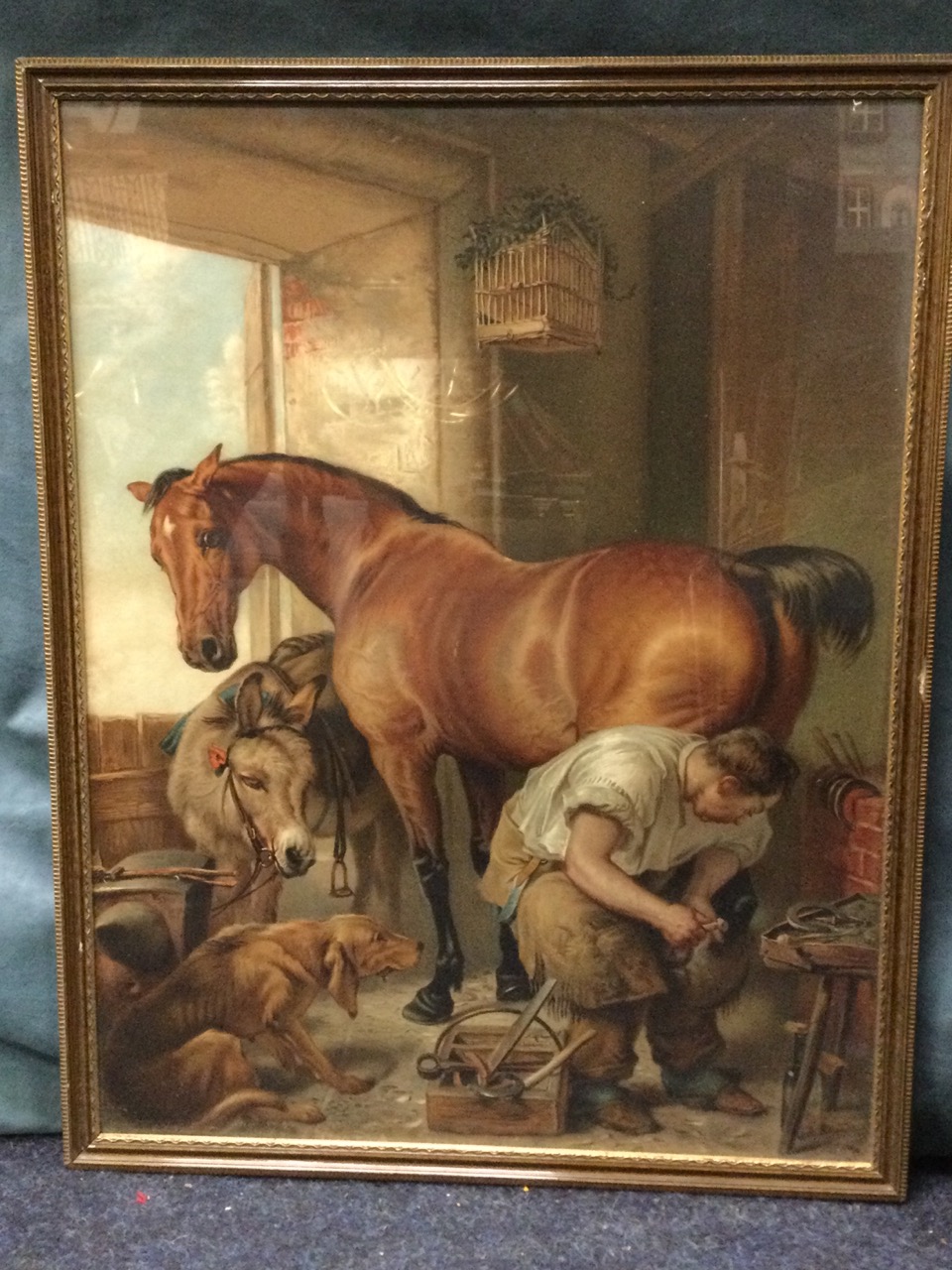 A nineteenth century Pears print of a blacksmith working in stable with dog & donkey looking on, - Image 2 of 3