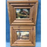 A pair of Victorian style landscape oleographs, one signed indistinctly, in wide moulded pine