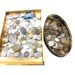 A collection of coins in a tray and oval tin - copper & silver, crowns, threepenny bits, sixpence,