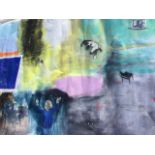 Joy Simpson, oil on canvas, abstract and figurative panels, signed and unframed. (80in x 52in)