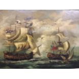 Agril?, C20th oil on canvas, naval battle scene with British & French ships, signed indistinctly, in