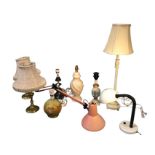 Miscellaneous tablelamps including ceramic, a pair of brass candlestick style, tall white painted