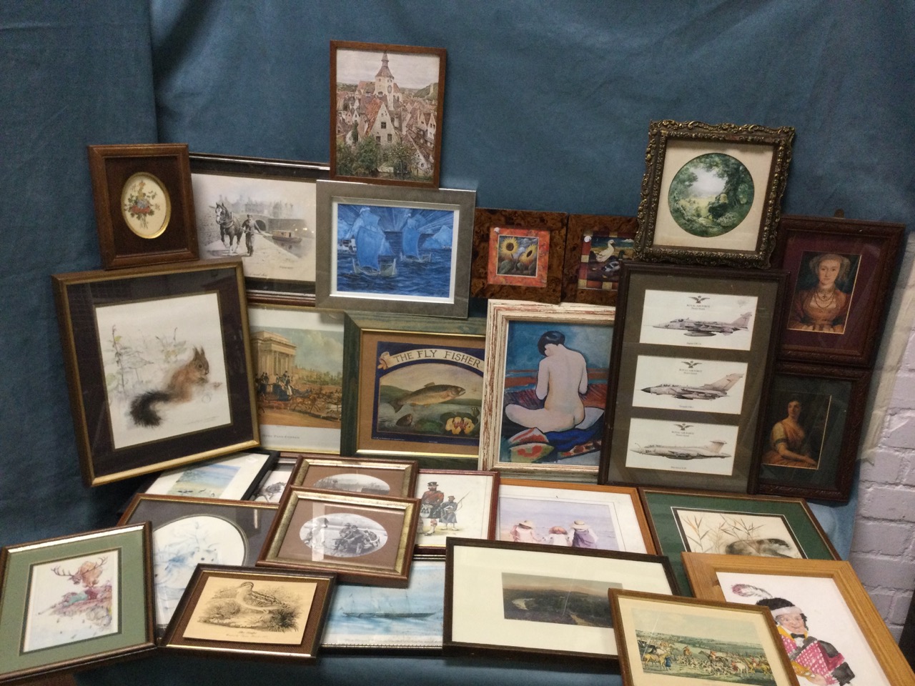 A box of miscellaneous framed prints - marine, landscapes, nature, some carved frames, pairs,