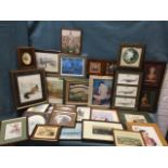 A box of miscellaneous framed prints - marine, landscapes, nature, some carved frames, pairs,