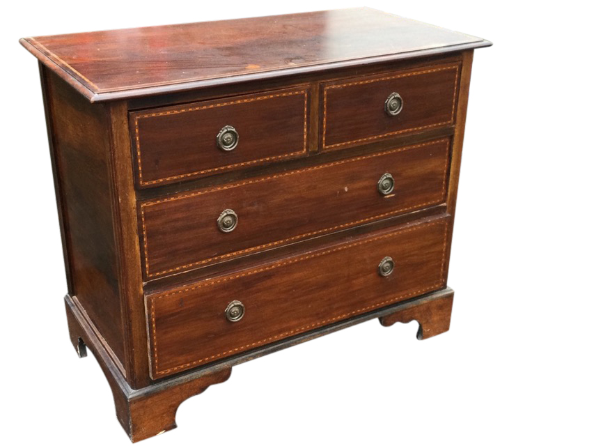 An Edwardian mahogany chest of drawers inlaid with chequered stringing, the rectangular moulded top