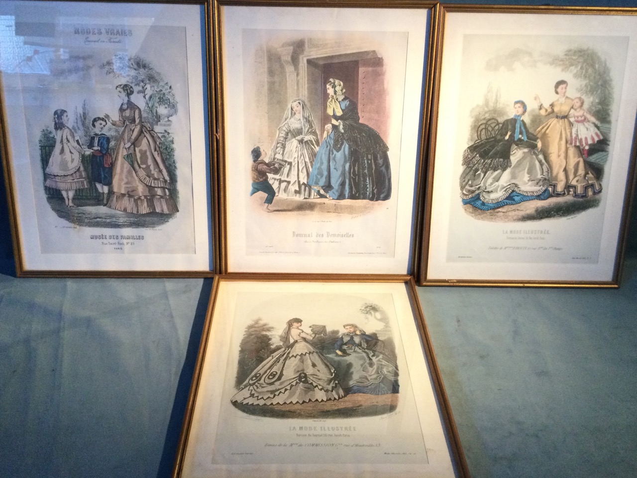 A set of four French fashion engravings, the coloured plates with Paris printers marks, mounted &