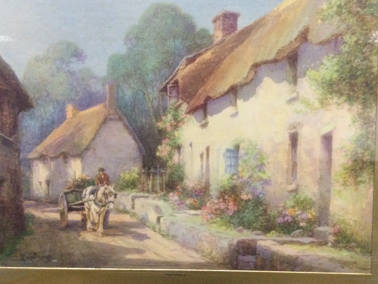 Myastinge?, a pair of late Victorian coloured rural prints of Tolpuddle, with thatched cottages - Image 2 of 3