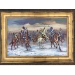 A contemporary oil on canvas, Napoleonic battle scene, the mounted cavalry on snowy ground, signed
