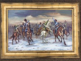 A contemporary oil on canvas, Napoleonic battle scene, the mounted cavalry on snowy ground, signed