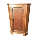 A nineteenth century oak corner cabinet with panelled door enclosing shaped shelves, raised on a
