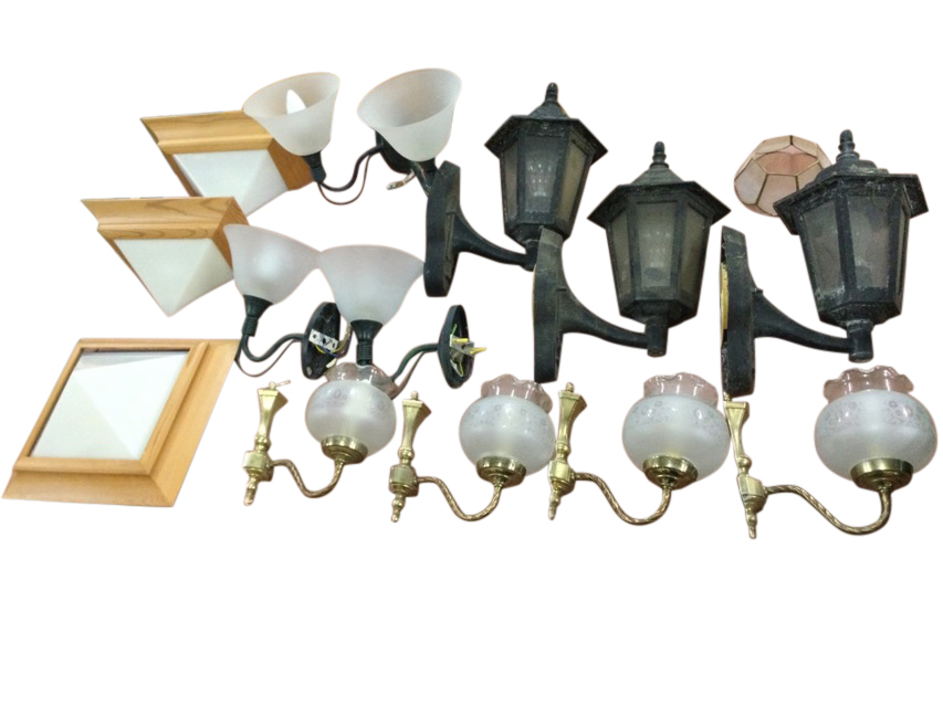 A quantity of electric wall lights - mainly with glass shades, pairs, a set of three external with