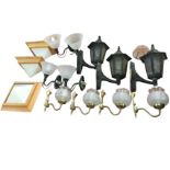 A quantity of electric wall lights - mainly with glass shades, pairs, a set of three external with