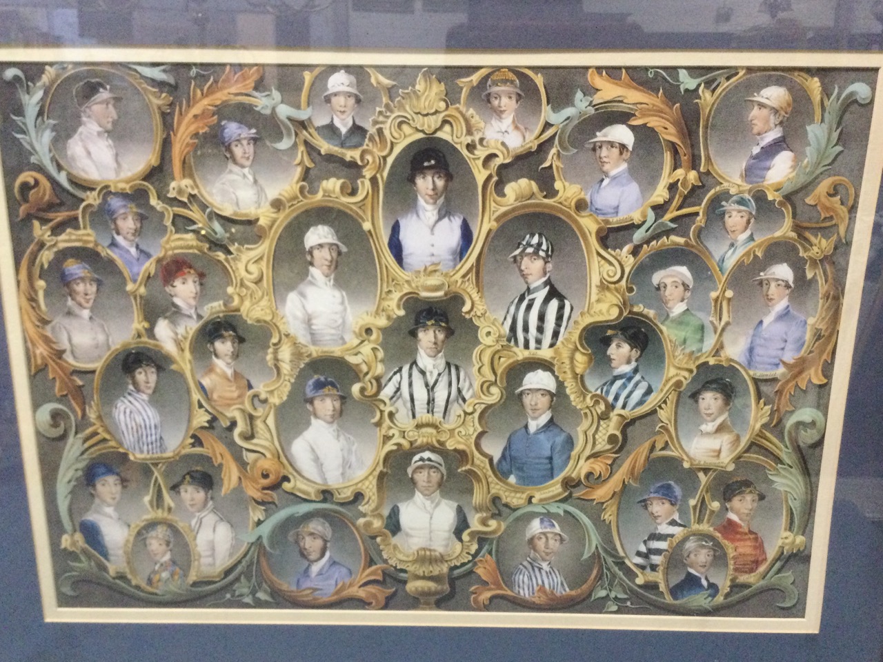 A Victorian style coloured engraving of famous nineteenth century jockeys in gilt scrolled frames,