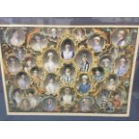 A Victorian style coloured engraving of famous nineteenth century jockeys in gilt scrolled frames,