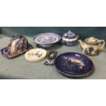 Miscellaneous blue & white including a Victorian Middlesbrough willow comport, a flo-blue cheese