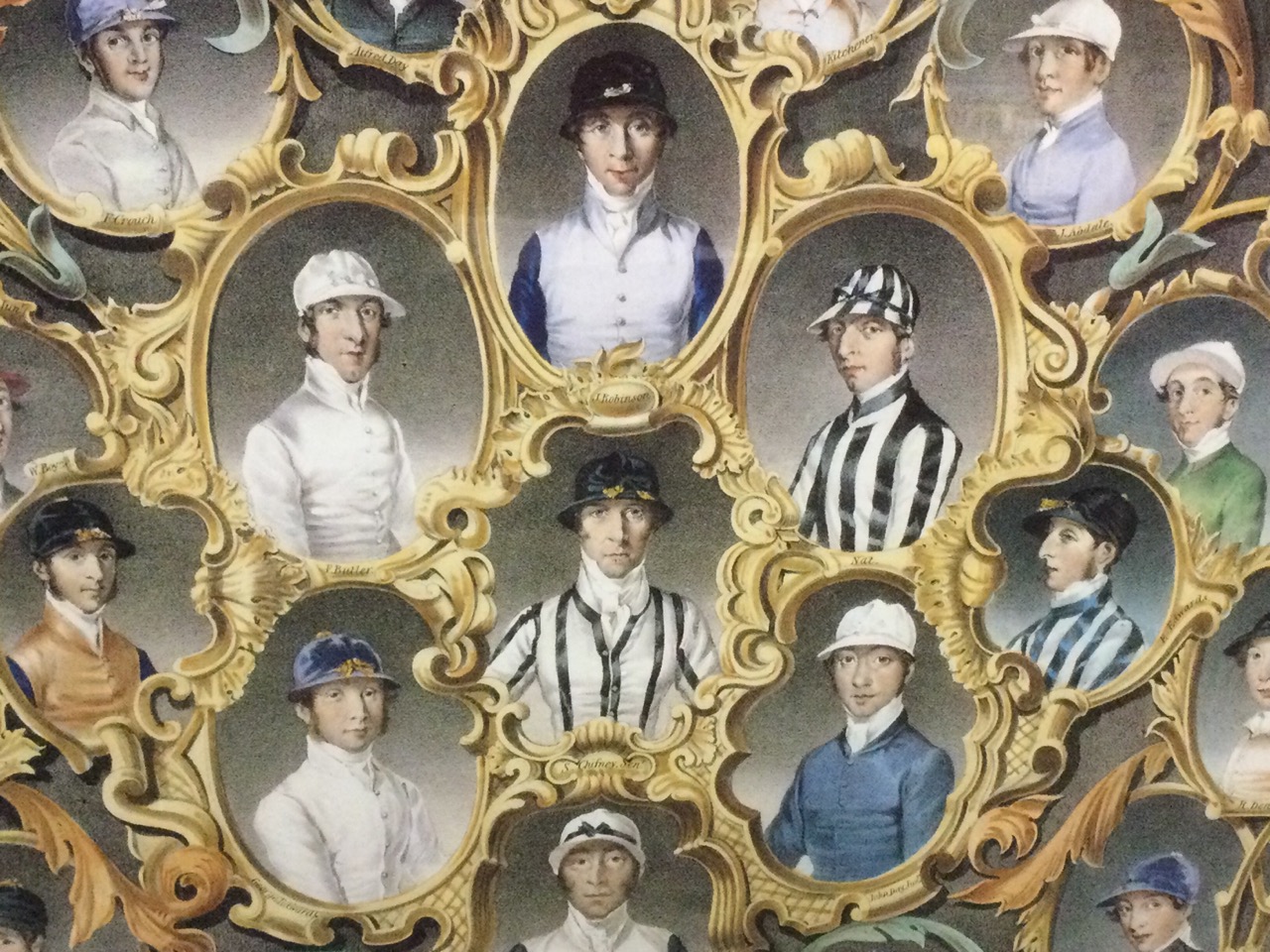 A Victorian style coloured engraving of famous nineteenth century jockeys in gilt scrolled frames, - Image 3 of 3