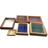 Six glazed tabletop display cabinets with hinged lids - moulded, velvet lined, oak, one with