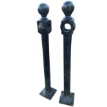 A pair of bollard posts with ball finials on columns, having square platform bases. (44.5in) (2)