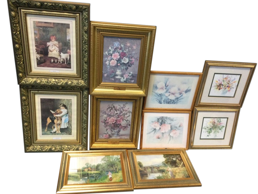 Five pairs of framed prints - sentimental Victorian style with dogs in art nouveau type frames,