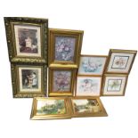 Five pairs of framed prints - sentimental Victorian style with dogs in art nouveau type frames,