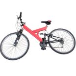 A mountain bike with Miroshift change handlebars, oval sprung frame, adjustable padded seat, Shimano
